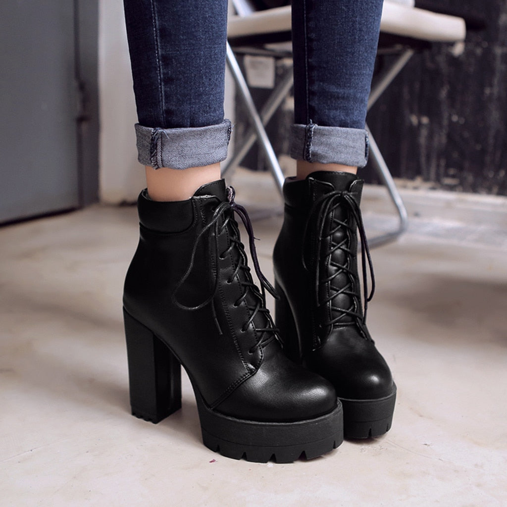 Round Toe Ankle Boots. Women's Lace-Up Winter Shoes. WickedYo